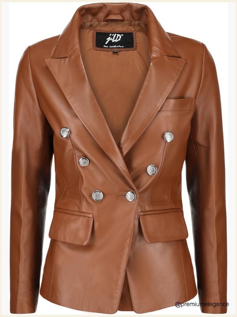 Double Breasted Fancy Buttons Lambskin Leather Blazer Women Long Sleeve Coat